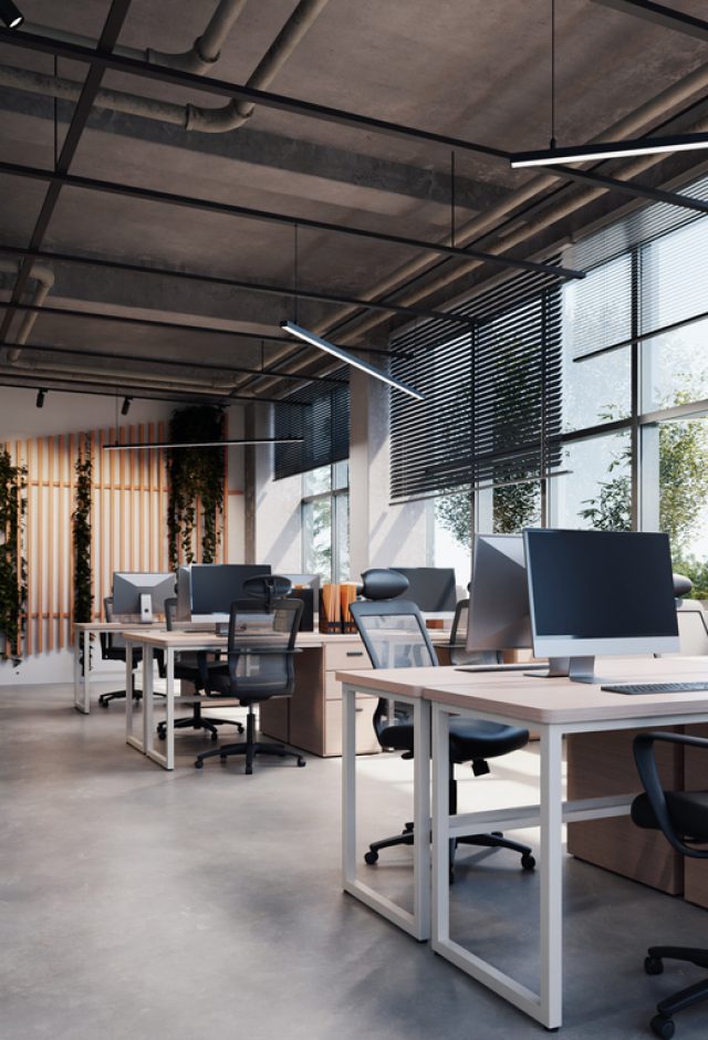 modern style Office with exposed concrete floor and a lot of plants