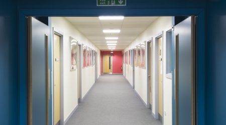 school corridor containing fire doors